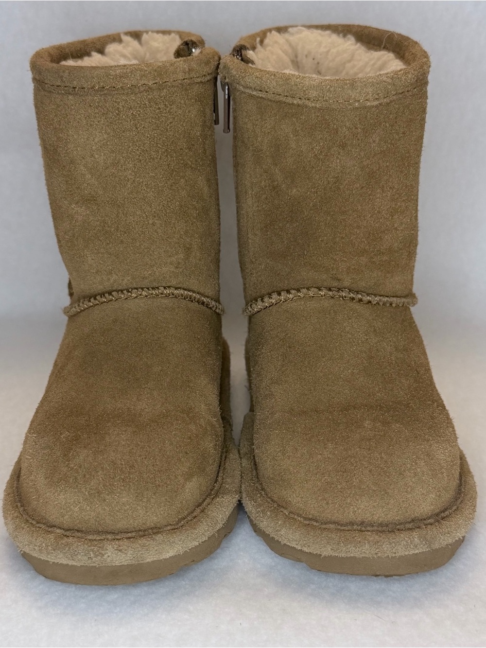 BEARPAW Kids Emma Boots Size 10 Chestnut Suede Shearling Side Zip Fall Winter